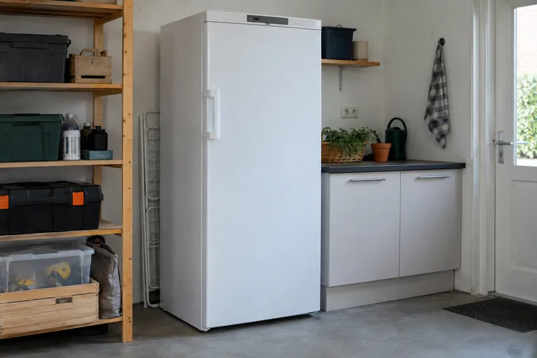 Gesloten witte vriezer in een bijkeuken.