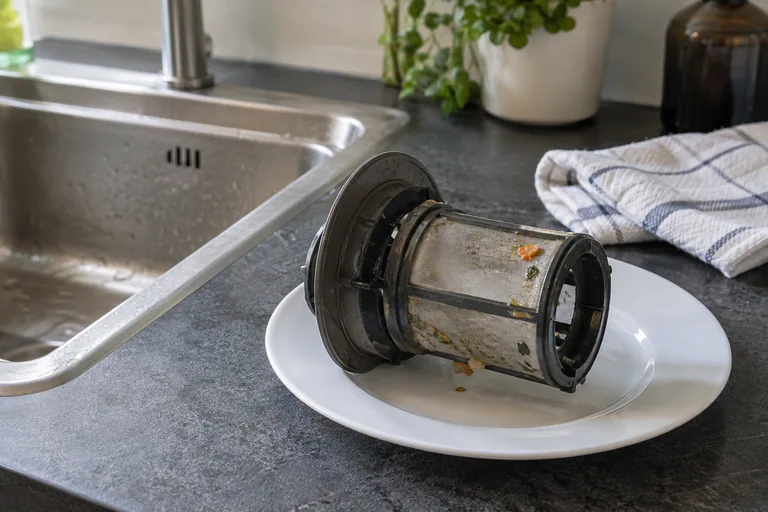 Vervuild vaatwasserfilter op een schoteltje bij de spoelbak.