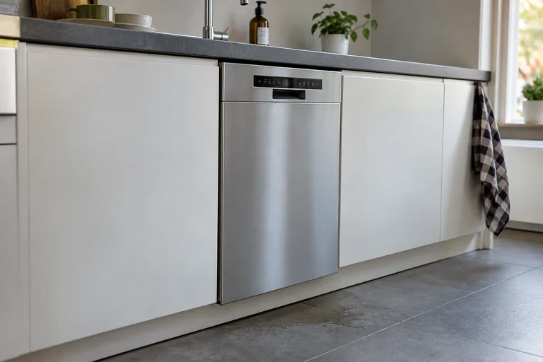 Ingebouwde vaatwasser met gesloten deur in een keuken.