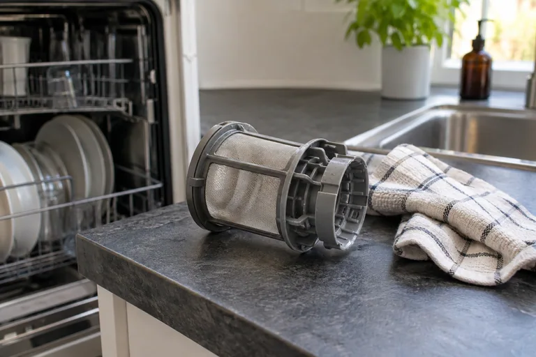 Uitgenomen vaatwasserfilter met een doek op het aanrecht.