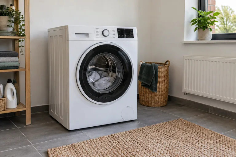 Vrijstaande wasmachine op een tegelvloer in een bijkeuken.