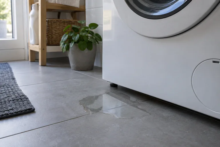 Kleine plas water voor de onderkant van een wasmachine.