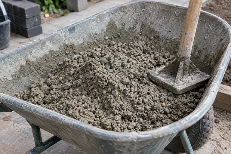 Aardvochtig beton met grove korrels in een kruiwagen.