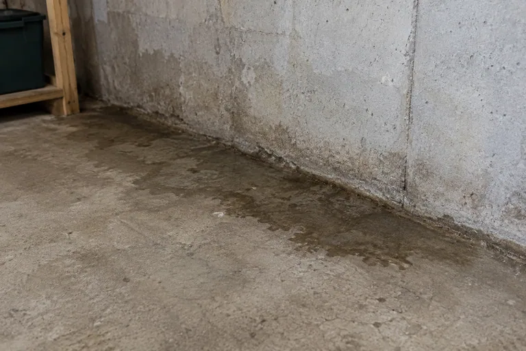 Donkere vochtplekken langs de aansluiting van keldervloer en muur.