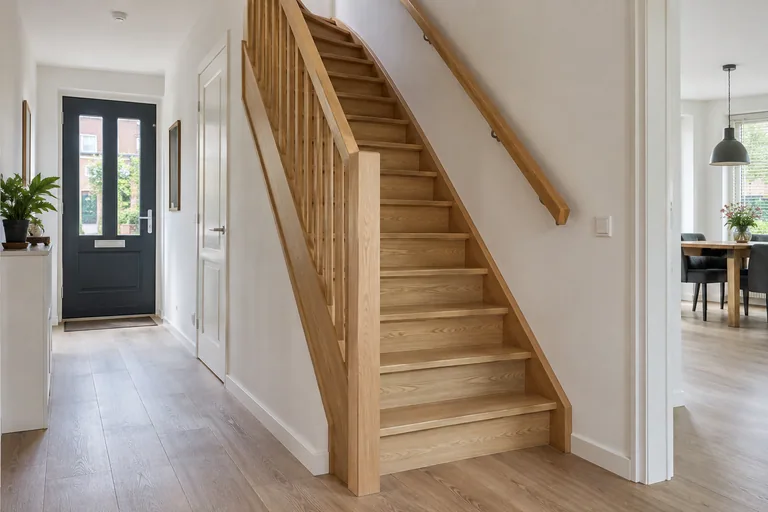 Houten trap met leuning en balustrade in een woning.