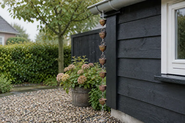 Metalen regenketting met kleine cups onder een dakgoot.