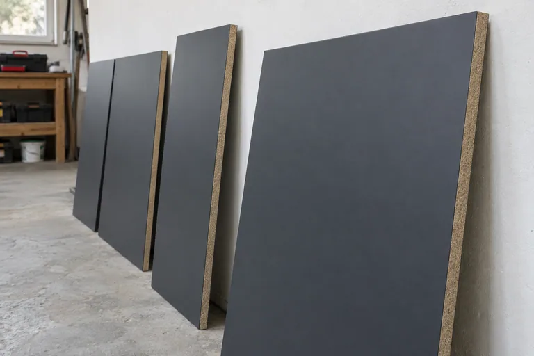 Losse antracietkleurige gevelplaten met lichte kern tegen een wand.