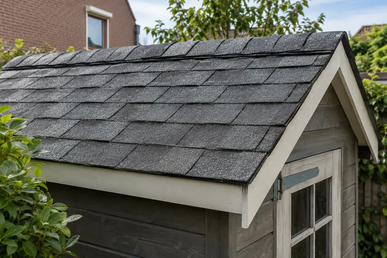 Zwarte shingles op het dak van een houten tuinschuur.