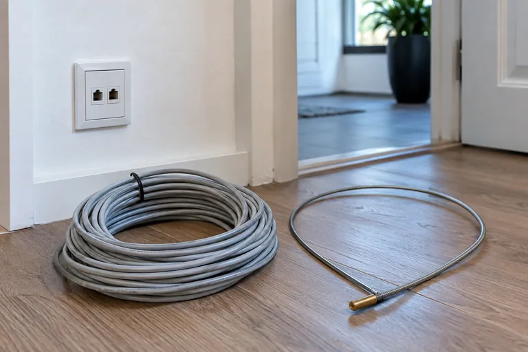 Rol grijze netwerkkabel en een losse metalen trekveer op een houten vloer.