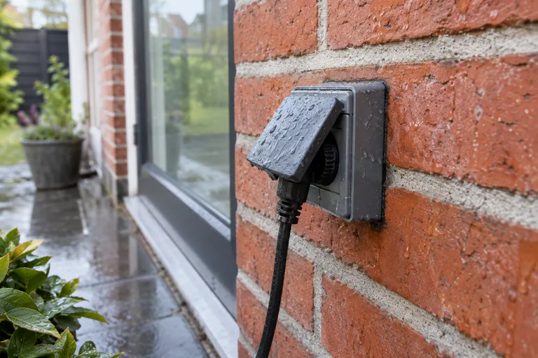 Vochtig buitenstopcontact met een aangesloten stekker en een afdekklep.