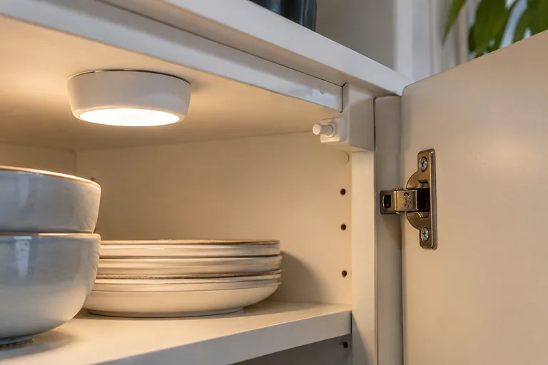 Deurcontact met een drukpen naast een verlichte keukenkast.