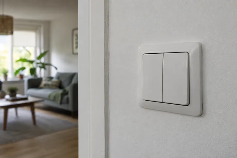 Dubbele witte wandschakelaar naast een woonkamer.