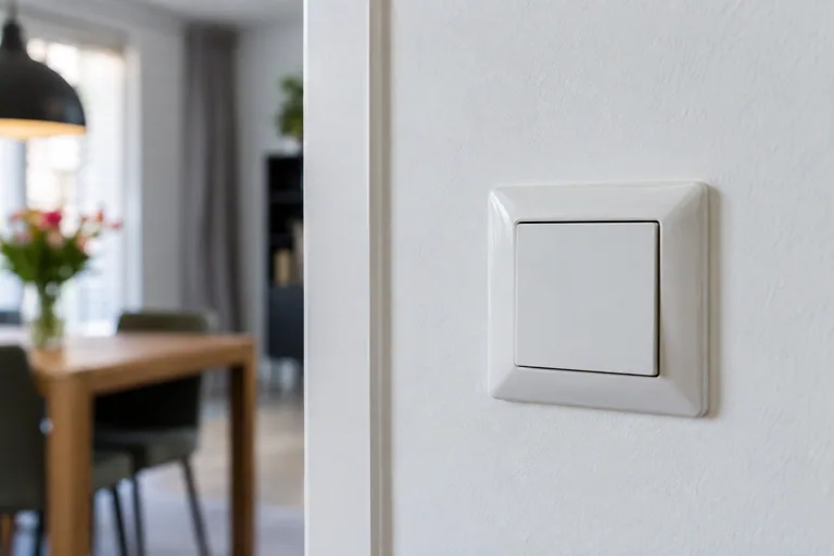 Witte wandschakelaar op een gestucte wand bij een eethoek.