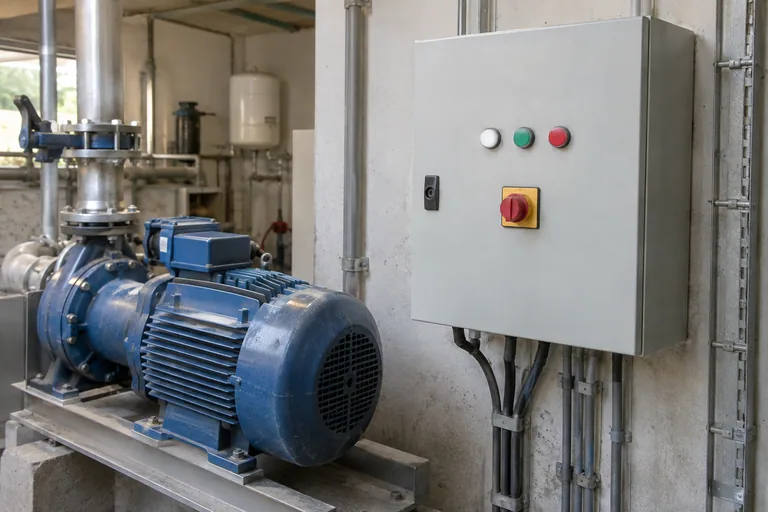 Elektrische motor naast een gesloten metalen bedieningskast.