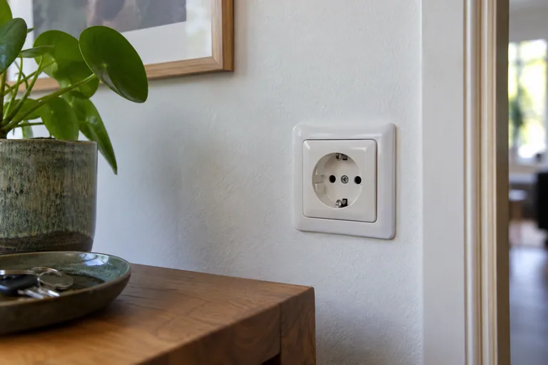 Witte wandcontactdoos met zichtbare randaarde naast een houten meubel.