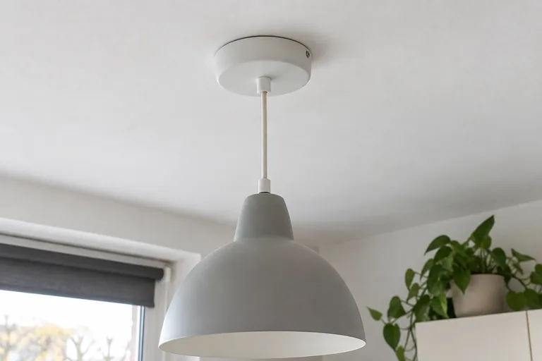 Hanglamp met gesloten plafondkap tegen een wit plafond.
