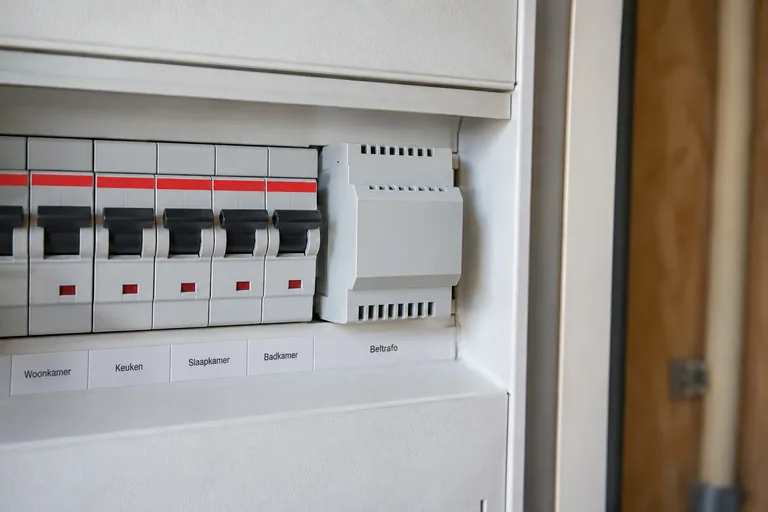Gesloten module naast schakelaars in een groepenkast, met een label voor de beltrafo.