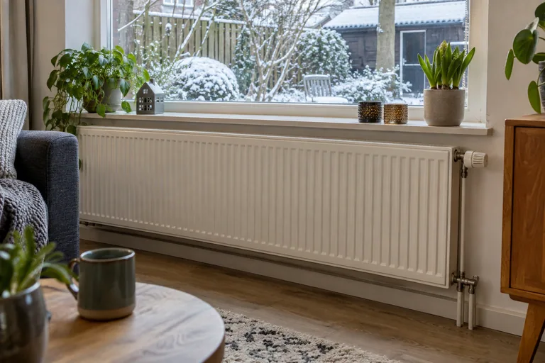 Radiator onder een raam met een besneeuwde tuin buiten.