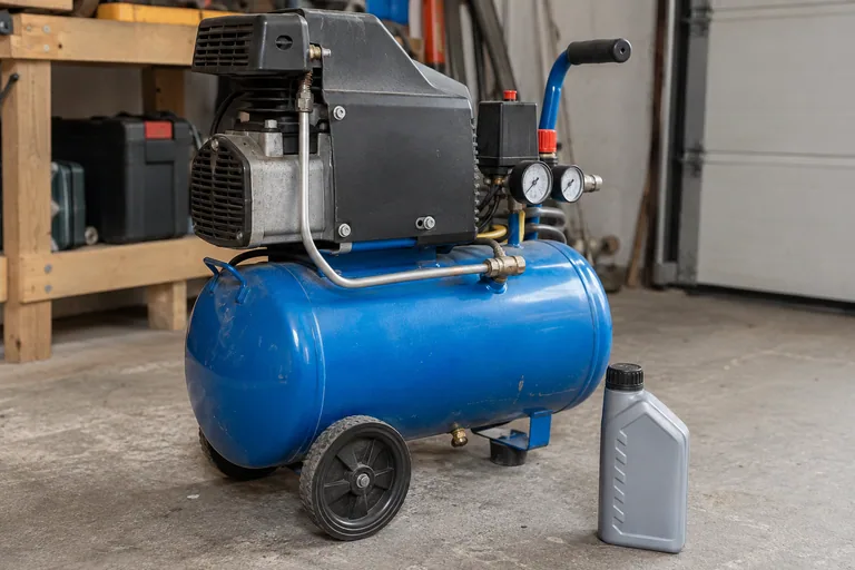 Kleine blauwe compressor naast een gesloten oliefles.