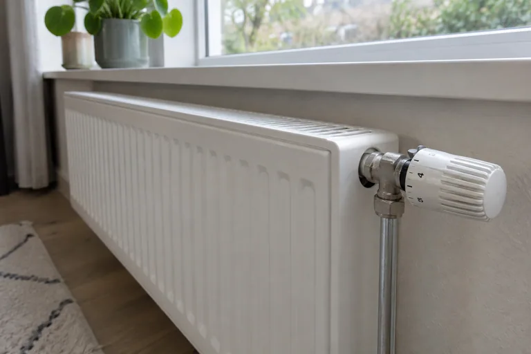 Witte radiator met thermostatische knop onder een raam.