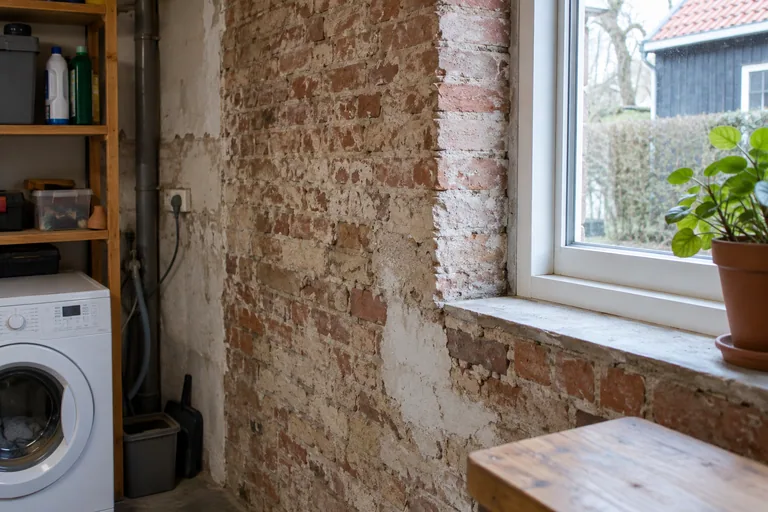 Oude bakstenen binnenmuur met pleisterresten naast een raam.