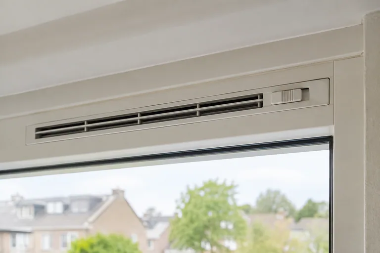 Wit ventilatierooster met schuifbediening boven een raam.
