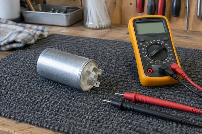 Losse condensator naast een uitgeschakelde multimeter en meetpennen.