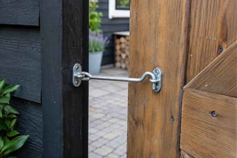 Metalen windhaak houdt een houten tuindeur open.