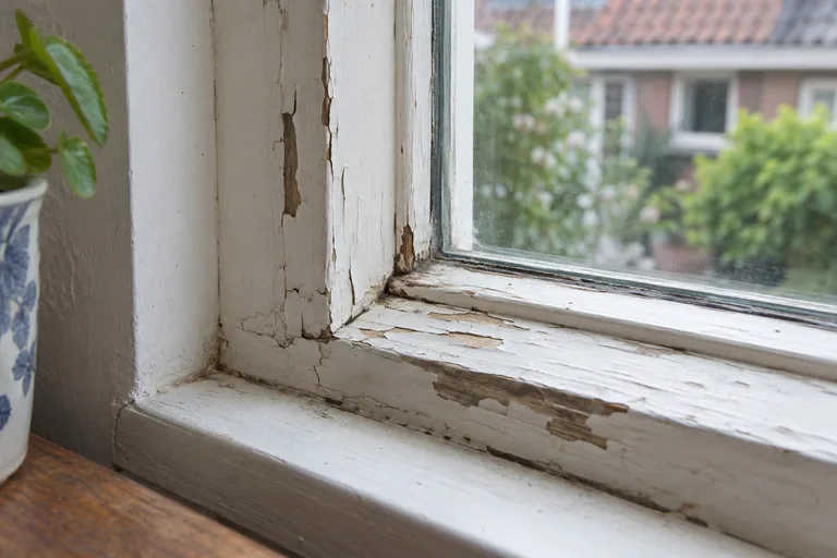 Afbladderende verf en beschadigd hout onderaan een raamkozijn.