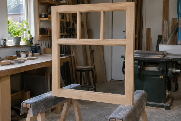 Nieuw houten raamkozijn op beklede werkbokken in een werkplaats.