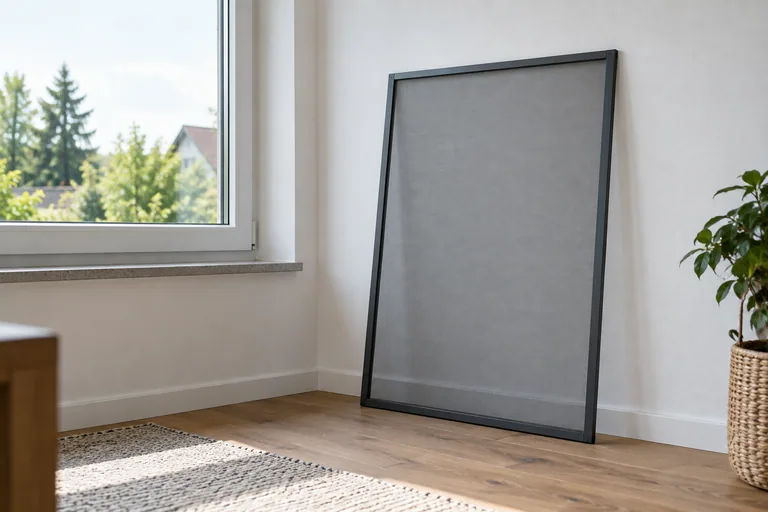 Los donker horframe met fijn gaas naast een gesloten raam.