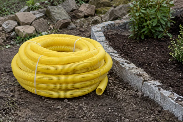Rol gele geperforeerde drainagebuis naast een tuinborder.