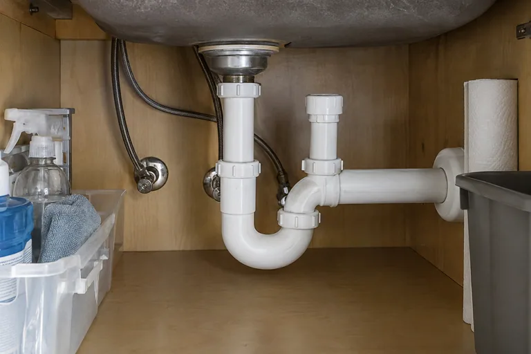 Witte sifon onder een spoelbak, met een verticale aftakking boven de afvoer.