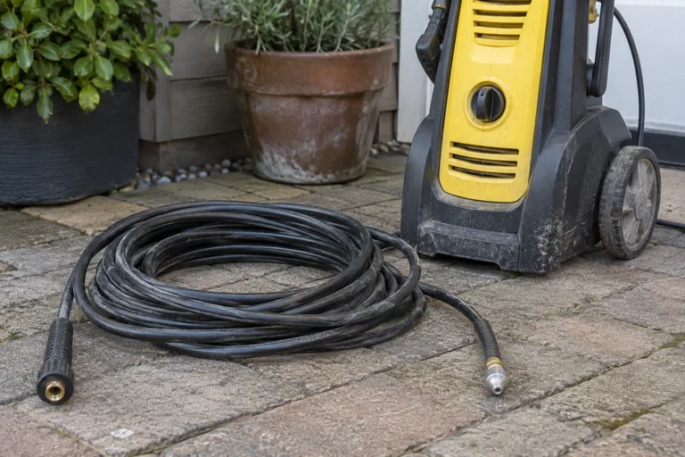 Opgerolde reinigingsslang met metalen spuitkop naast een hogedrukreiniger.