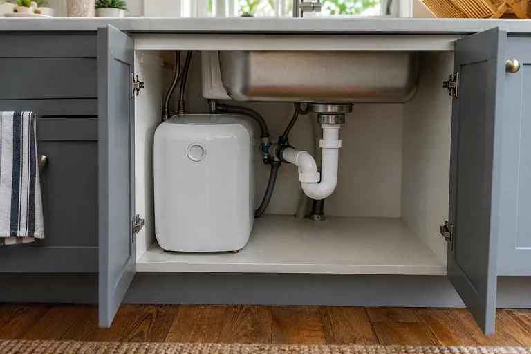 Gesloten witte keukenboiler in een kast onder de spoelbak.