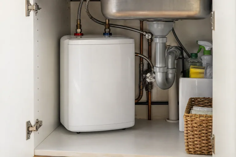 Gesloten witte boiler met leidingaansluitingen bovenaan in een keukenkast.