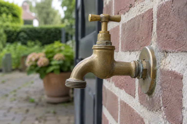 Oudere messing buitenkraan op een bakstenen wand.