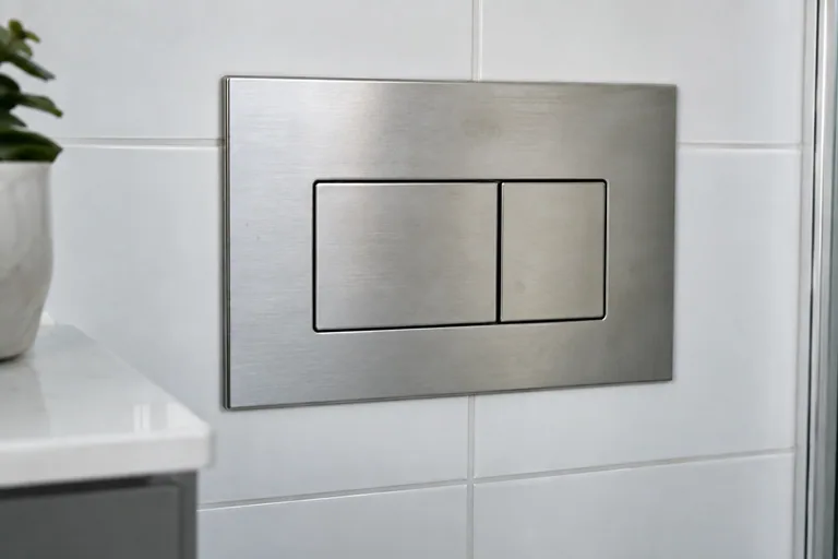 Geborsteld metalen drukplaat met twee spoelknoppen op een tegelwand.