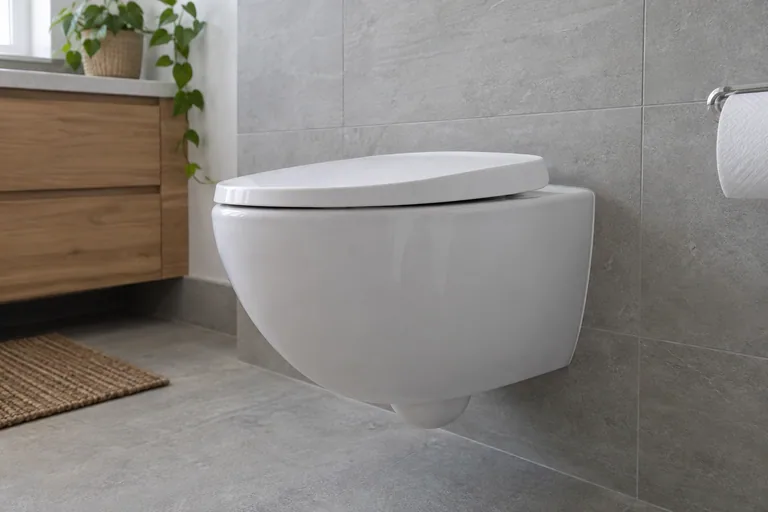 Witte wandhangende toiletpot met gesloten deksel.