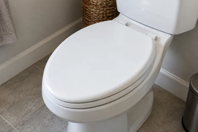 Gesloten witte toiletbril op een toilet met opbouwreservoir.