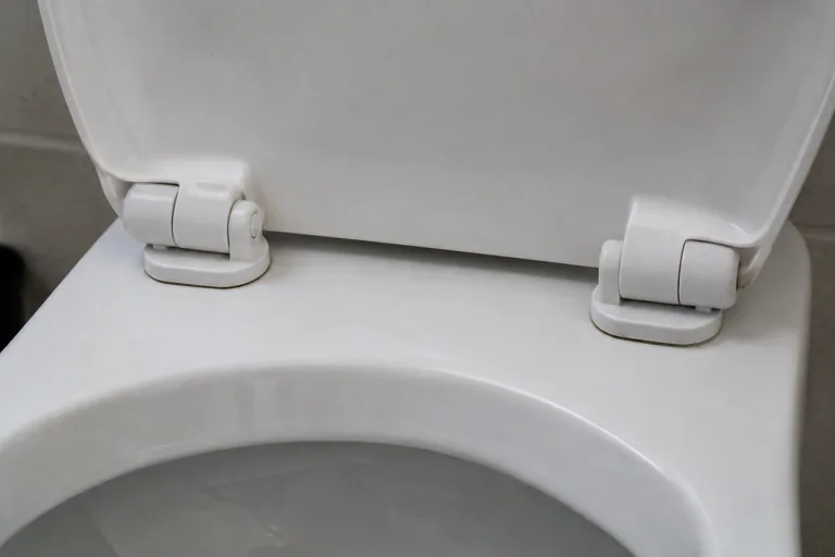 Scharnieren van een witte toiletbril van dichtbij gezien.