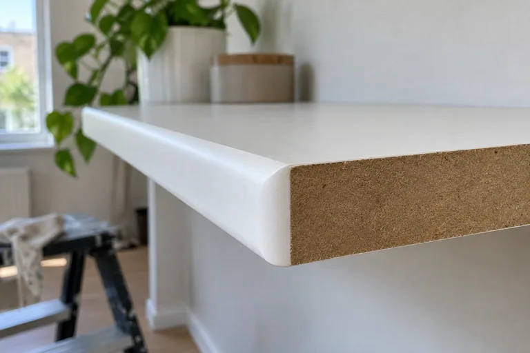 Witte MDF-plaat met afgeronde hoek en zichtbare bruine zaagrand.