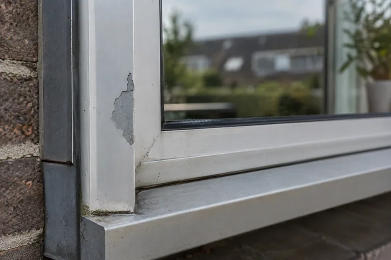 Afbladderende witte verf op een aluminium raamprofiel.
