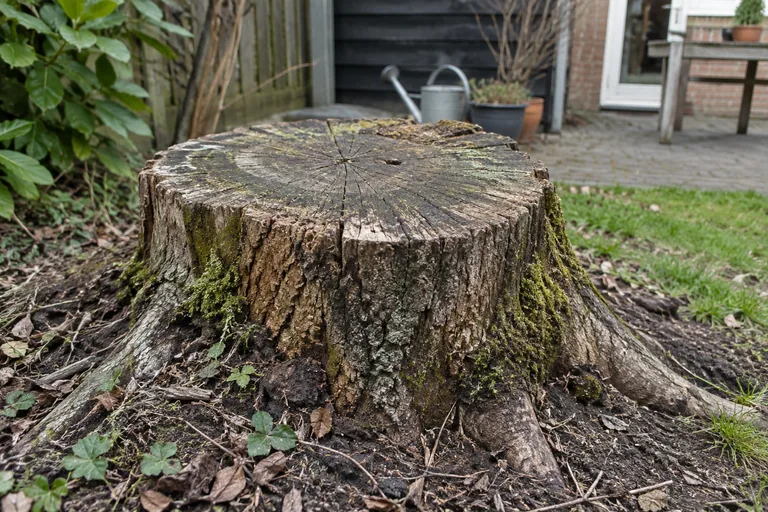 Oude boomstronk met mos in een achtertuin.
