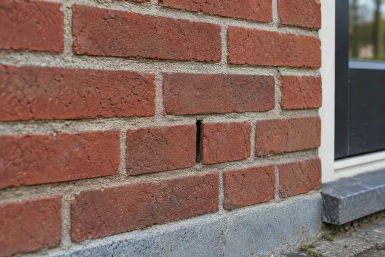 Open stootvoeg tussen bakstenen in een gevel.
