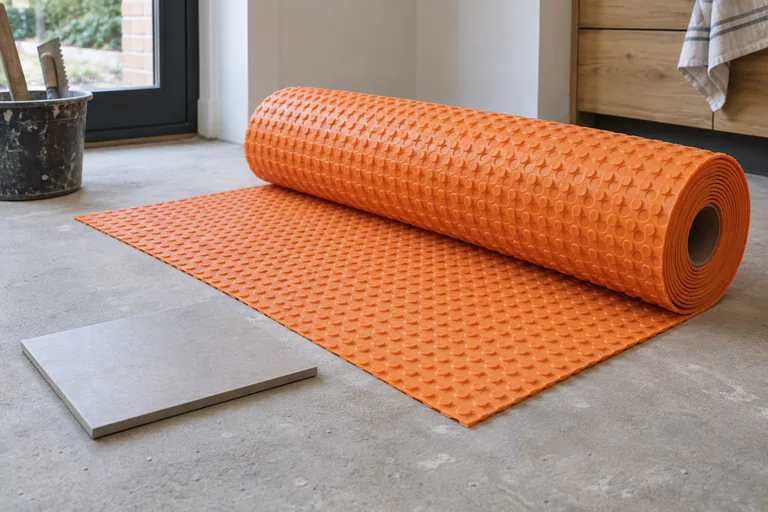 Opgerolde oranje kunststof mat met noppen naast een losse tegel.