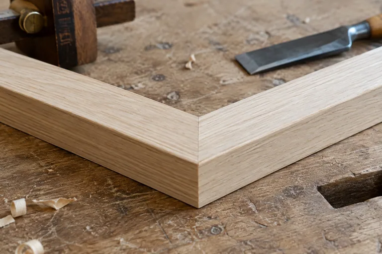Verstekverbinding van twee houten latten op een werkbank.