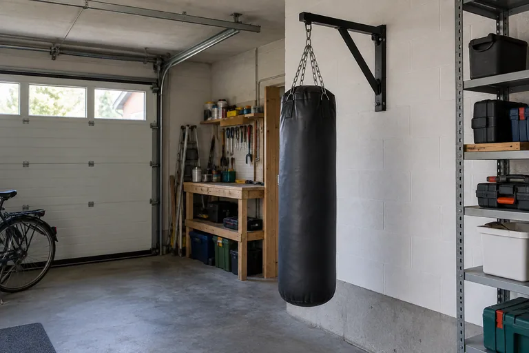 Bokszak aan een stalen wandbeugel in een garage.