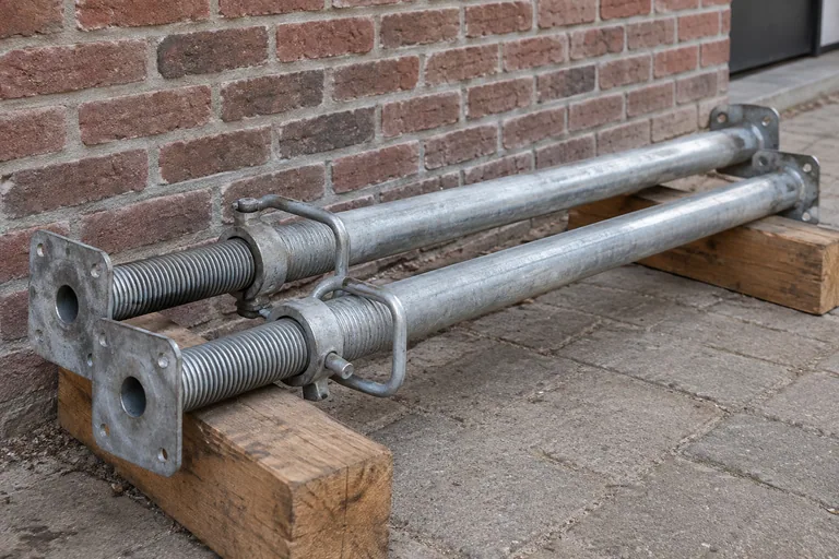 Losse verstelbare stalen bouwstempels op houten steunen.