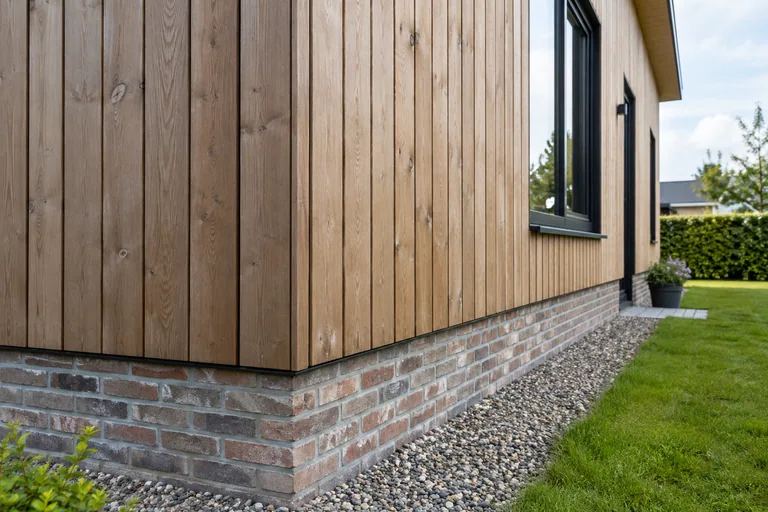 Verticale houten gevelbekleding boven een gemetselde plint.